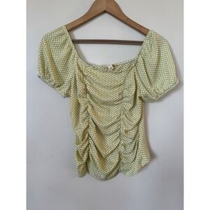 Cottage Country Rustic Gingham Ruched Puff Sleeve Blouse Fitted Small S